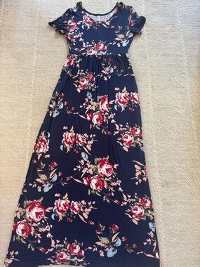 Navy Floral Maxi Dress with Red Rose Print